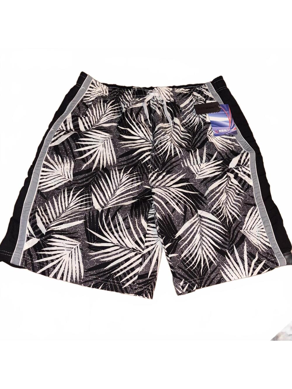 NBNgear Men's XXL Black and White Palm Leaf Print Swim Trunks Summer NWT